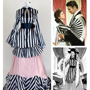 Scarlett O'Hara Gone With The Wind Black White Striped Satin Gown Bell Sleeve